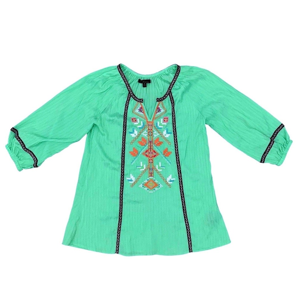 Calessa Womens Large Lime Green Embroidered V-Neck Rayon Tunic NWT